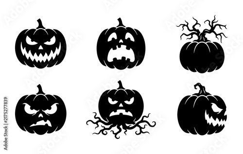 Spooky Halloween Pumpkin Icons, Set of 6 Scary Jack-o'-lantern Vector Graphics for Autumn Celebrations