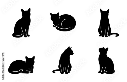 Black Cat Silhouettes Vector Set: Feline Poses, Domestic Animals, Pet Graphics