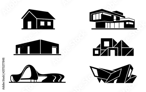Modern Architecture Icons, Contemporary Building Silhouettes, Abstract House Designs, Minimalist Home Graphics