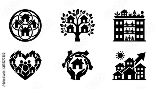Community Housing Icons, Urban Development Symbols, Real Estate Concepts, Residential Group Graphics