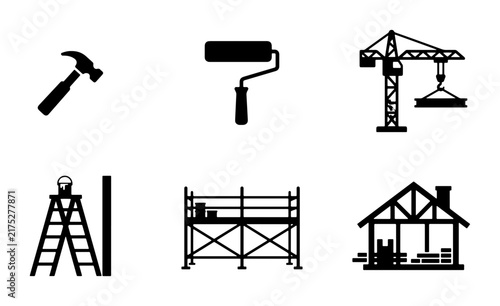 Construction Tools and Building Icons, Vector Set: Hammer, Paint Roller, Crane, Ladder, Scaffolding, House
