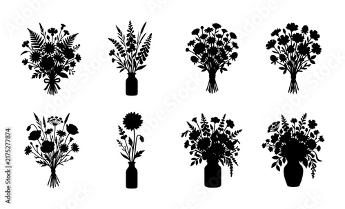 Floral Silhouette Bouquets, Vector Flower Arrangements, Botanical Art Elements, Decorative Floral Designs