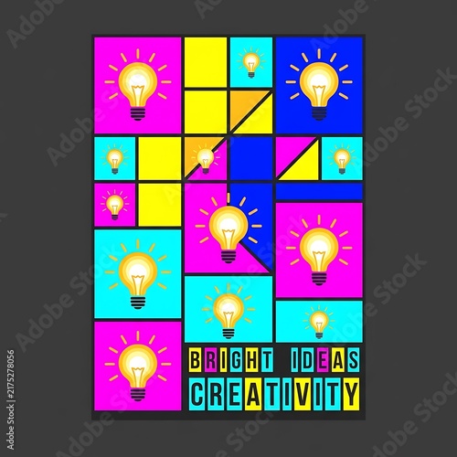 Colorful geometric pattern with glowing light bulb icons
