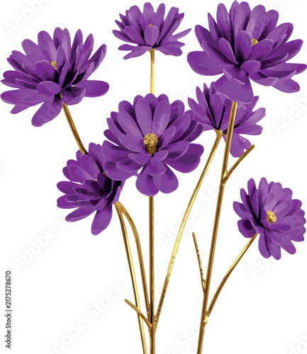 Decorative purple flowers with golden stems on white Background