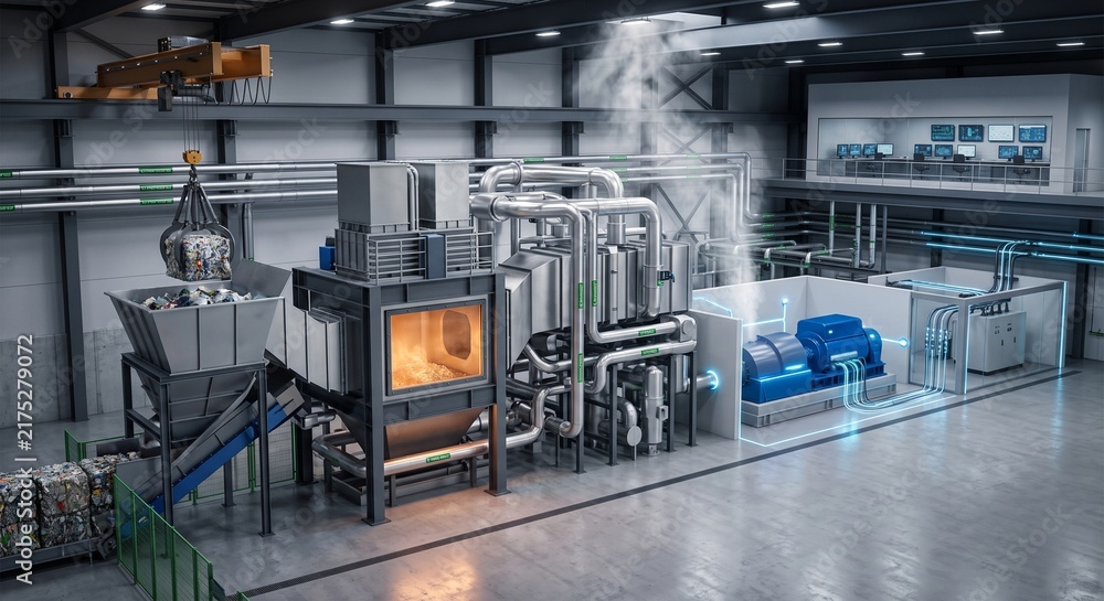 Fototapeta premium Waste to Energy Facility Converting Non Recyclable Plastic into Electricity
