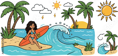 Doodle beach and surf vector illustration set. Tropical naive coastal elements like palm trees, waves, woman with surfboard, and sun perfect for summer designs, t-shirts, posters, and placard prints o