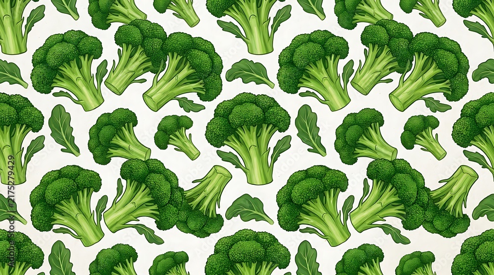 Seamless pattern with green fresh broccoli vegetable pieces repeated on a simple background for healthy food design
