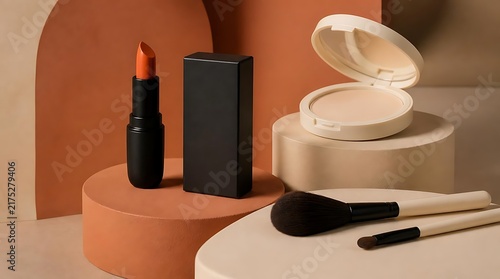 Cosmetic products arranged for a beauty photoshoot with makeup brushes.