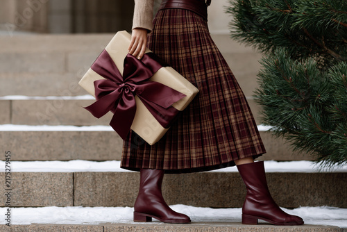 Woman in a plaid tartan kilt and burgundy boots holding a wrapped Christmas gift with a satin bow on snowy steps.