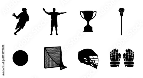 Lacrosse Sport Icons Set, Silhouette Graphics for Athletic Design, Team Game Equipment Vector Collection