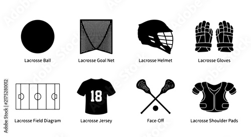 Lacrosse Equipment Icons Set, Vector Graphics for Sports Design, Including Ball, Net, Helmet, Jersey, and Field