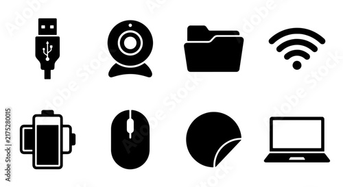 Modern Technology Icons Set: USB, Webcam, Folder, Wi-Fi, Battery, Mouse, Circle, Laptop Vector Graphics for Digital Concepts