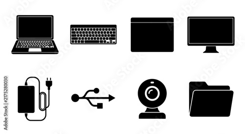 Black Silhouette Technology Icons: Laptop, Keyboard, Monitor, Hard Drive, USB, Webcam, Folder, Computer Screen - Digital Asset Collection