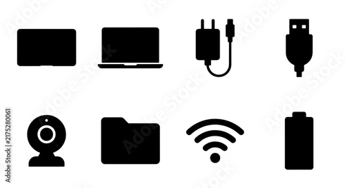 Modern Technology Icons: Laptop, Charger, USB, Webcam, Folder, Wi-Fi, Battery, Vector Set for Digital Concepts