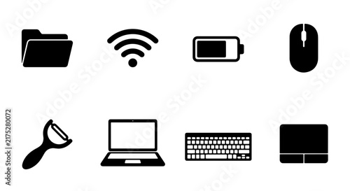 Set of 8 Black Technology and Computer Icons, Including Folder, Wi-Fi, Battery, Mouse, Peeler, Laptop, Keyboard, and Trackpad, Vector Graphics for Digital Concepts