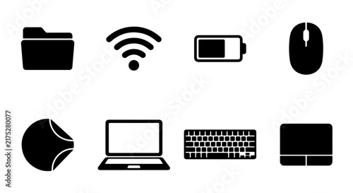 Minimalist Black Icons Set: Folder, Wi-Fi, Battery, Mouse, Laptop, Keyboard, Trackpad, Sticker. Vector Graphic Resources for Digital Design and UI.