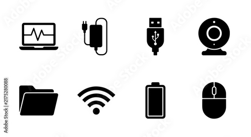 Computer Technology Icons Set, Digital Gadgets and Connectivity Symbols, Vector Graphics for Web and App Design
