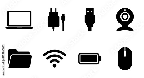 Modern Technology Icons: Laptop, Charger, USB, Webcam, Folder, Wi-Fi, Battery, Mouse Set. Sleek Black Vector Graphics for Digital Concepts and Connectivity.