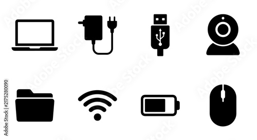 Technology Icons Set: Laptop, Charger, USB, Webcam, Folder, Wi-Fi, Battery, Mouse, Digital Graphics, Vector Symbols for Connectivity and Computing