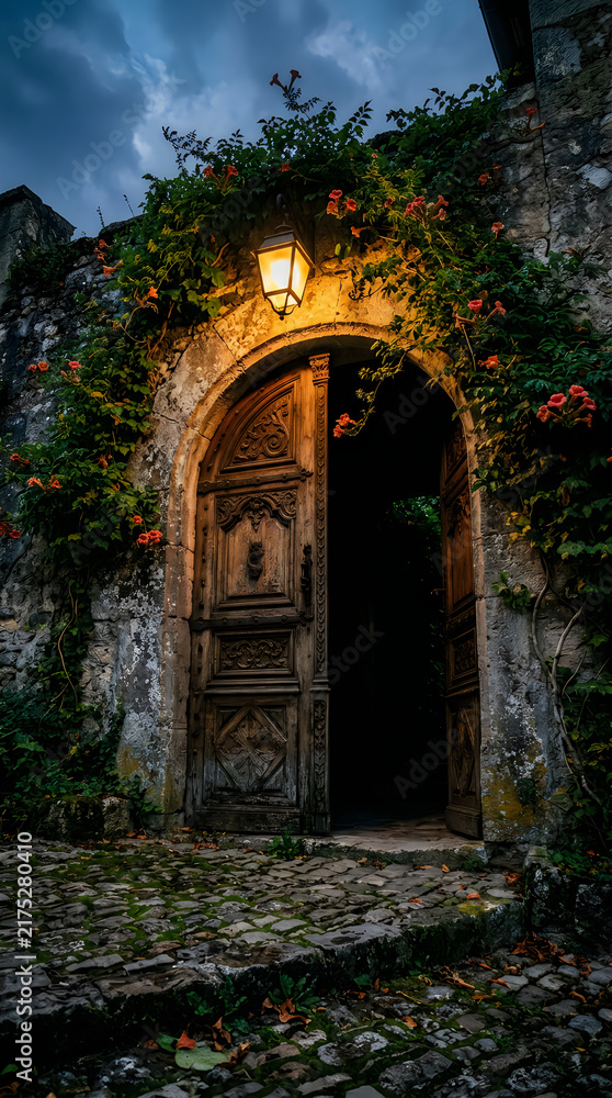 Fototapeta premium Ancient stone doorway illuminated by a warm lantern at night