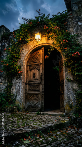 Ancient stone doorway illuminated by a warm lantern at night
