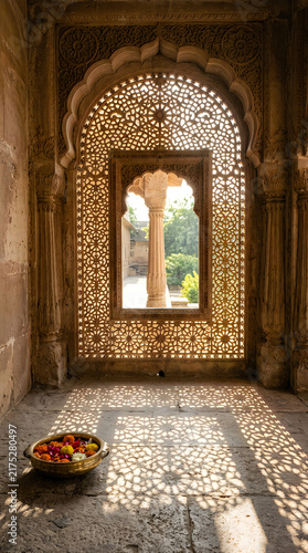 Intricate stone window overlooking a lush garden in india