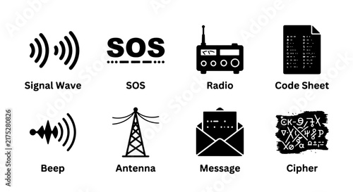 Bild auf Leinwand Communication Icons: Signal Wave, SOS, Radio, Code Sheet, Beep, Antenna, Message
