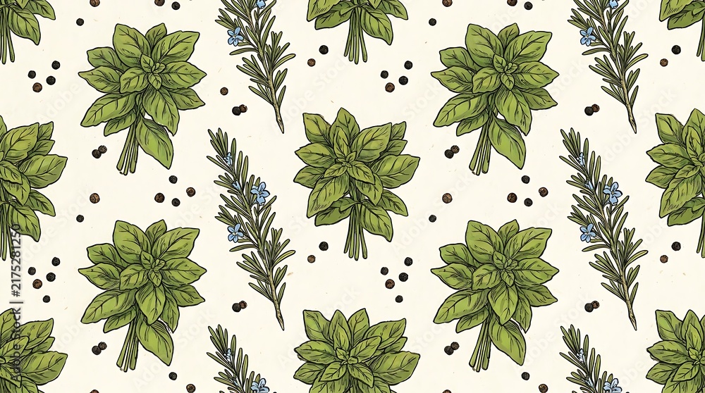 Seamless pattern with hand drawn basil leaves and rosemary sprigs for organic food design and kitchen textile prints