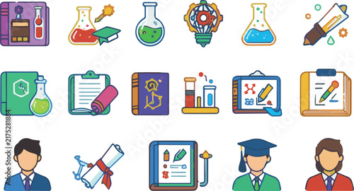 Education colored icon set. School, university and learning symbols collection. Knowledge, research and academic study illustration. Classroom, diploma, student and science pictogram colorful set Isol