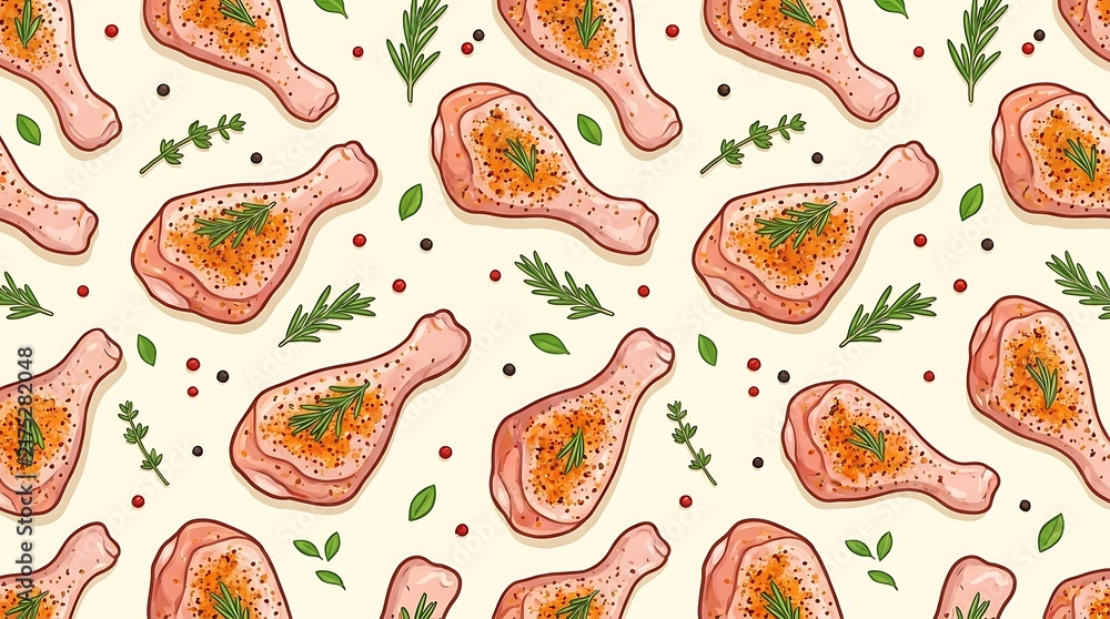 Seamless pattern of tasty roasted chicken drumsticks with fresh green herbs and colorful spices for food design