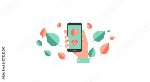 Digital Health and Wellness App Illustration with Smartphone, Brain, Heart, and Leaves