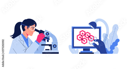 Female Scientist Using Microscope and Digital Molecular Data Analysis Illustration