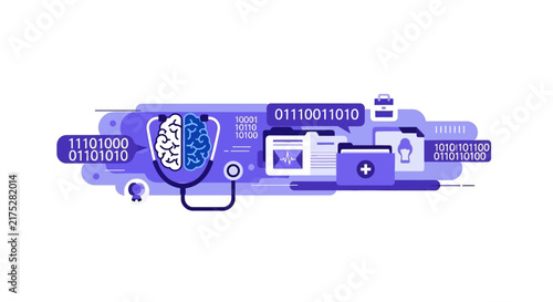 AI Medical Technology and Digital Healthcare Flat Illustration with Brain, Stethoscope, and Data Analysis Icons