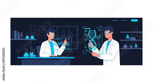 Scientists working with holographic DNA and data research in a modern laboratory flat illustration.