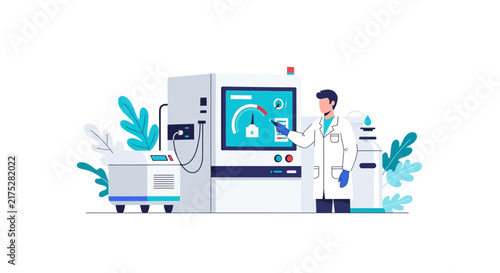 Scientist Operating Advanced Industrial Machinery and Laboratory Equipment Vector Illustration