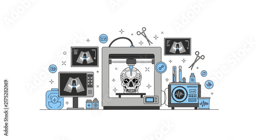 3D Medical Printing Concept Illustration showing Skull Fabrication with Laboratory Equipment and Surgery Planning Tools