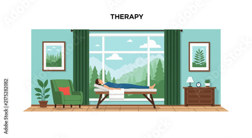 Woman on Therapy Bed in Peaceful Room with Mountain View Flat Illustration