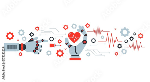 Robotic hands holding heart with EKG and gears, representing AI healthcare and medical automation technology.