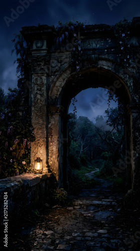 Ancient stone archway illuminated by a single lantern at night