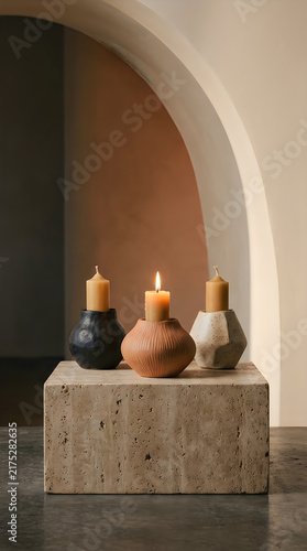 Three lit candles on a textured surface with arched backdrop