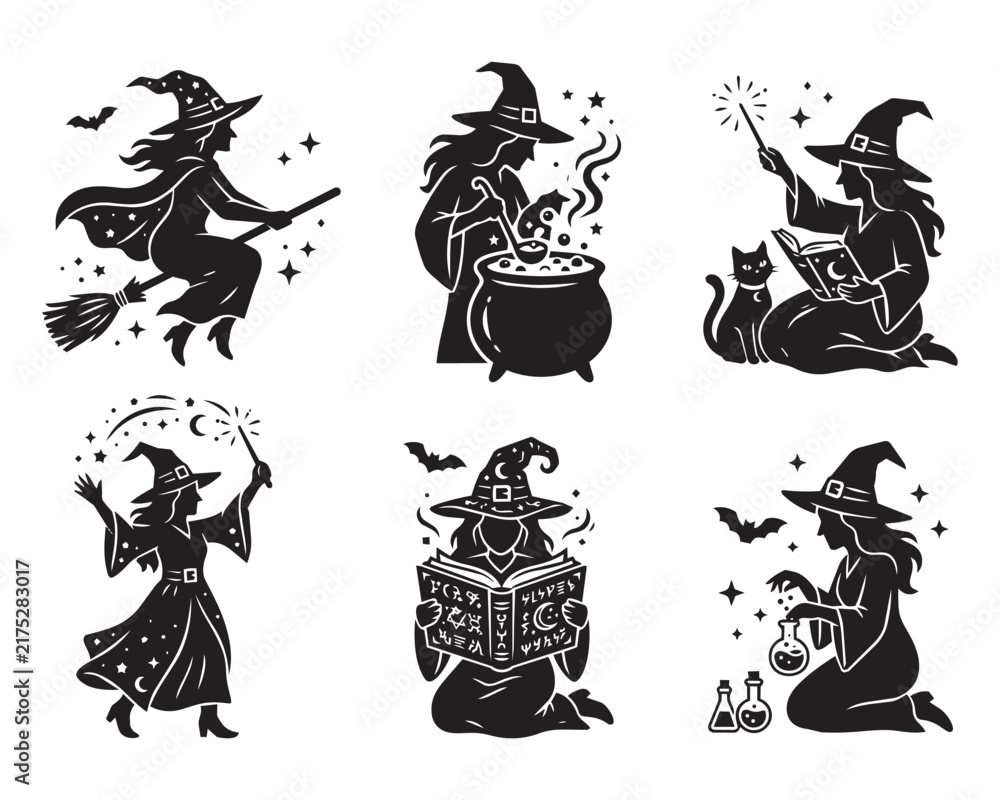 Fototapeta premium Witch Silhouette Set with Cauldron, Broom, and Magic Book.