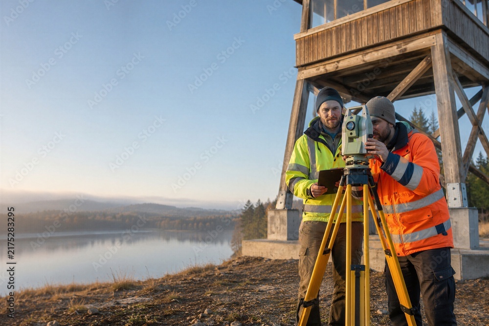 Naklejka premium Surveyors using theodolite on construction site