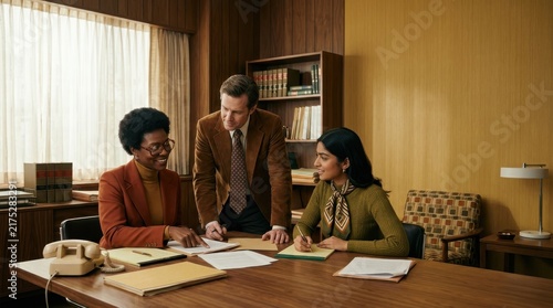 Diverse Professional Legal Team Collaborating in a Vintage 1970s Office Interior, Retro Advertising Style Photography for Business and Corporate Services