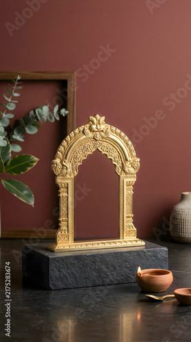 Ornate golden archway still life with rustic background elements