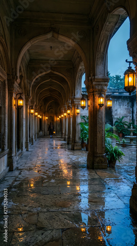 Ancient stone corridor with warm lights reflecting on wet floor