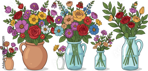 Flowers in vases. Cartoon flower bouquet in ceramic vase and glass bottle. Natural plants and decor in interiors. Celebrating flowering bouquet. Vector collection on white background