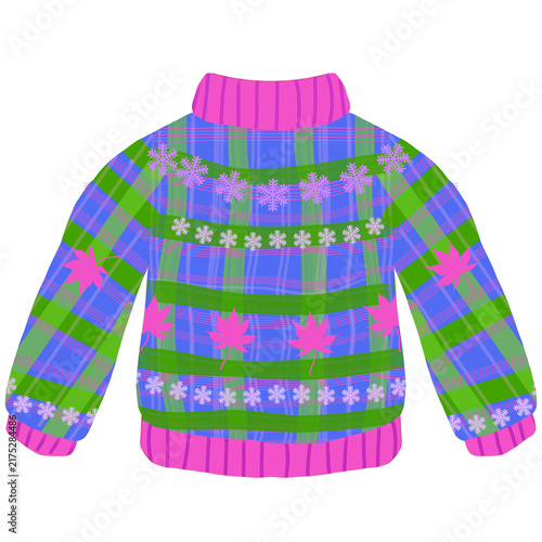 Christmas plaid sweater with colorful green blue and pink knit patterns decorated with snowflakes and leaf motifs isolated on a dark background for winter fashion holiday apparel textile design and se