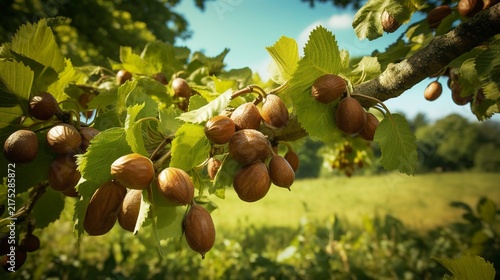 A photo of a hazelnut tree with nuts