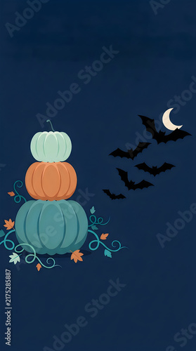 Stacked pumpkins bats and crescent moon halloween illustration