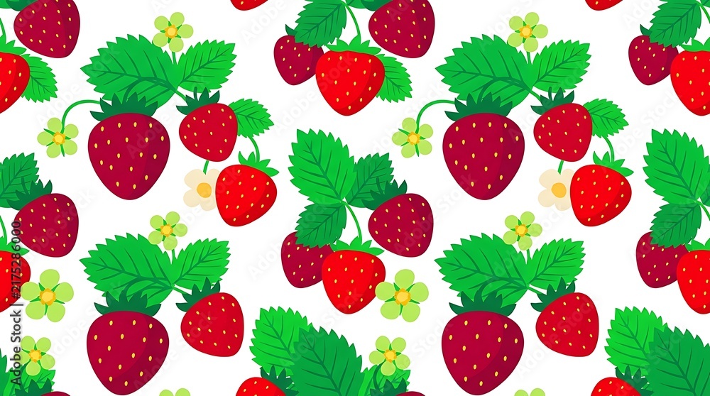 Seamless pattern with cute red strawberries and green leaves on a simple background for summer fruit design wallpaper